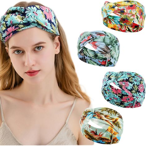 Lot de 4 bandeaux, coton torsadé élastique, motif floral imprimé, accessoire cheveux femme, yoga sport fitness quotidien (1/5)