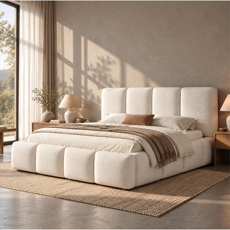 Cama tapizada 180x200 cm con canapé elevable hidráulico, cabecero de tela bouclé blanca y somier incluido, gran almacenaje para dormitorio – CHICFURN (1/5)