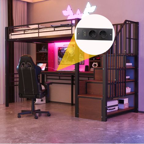 Letto a soppalco 90 x 200 cm con scrivania, LED, presa UE, scala reversibile, nero (1/5)