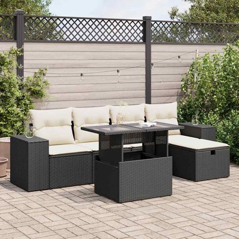 Ensemble Jardin 6 Places Résine Tressée Noir avec Coussins Crème - Salon Extérieur Modulaire avec Rangement et Table Verre Trempé (1/5)