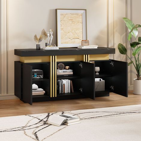 MEUBLIV Buffet bas 140x38x70 cm noir et doré – 3 portes, 6 compartiments, finition marbre (1/5)