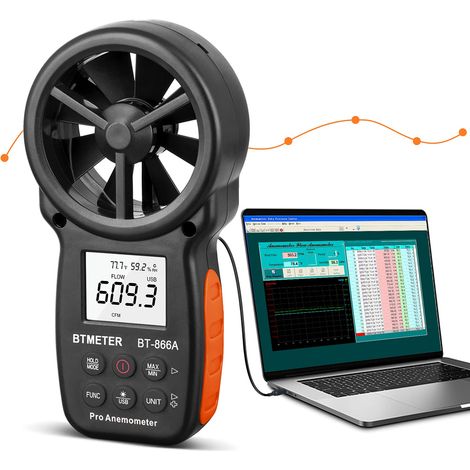 Tragbares Anemometer – Datensynchronisation mit PC für genaue Analyse – misst Windgeschwindigkeit/Luftstrom/Luftfeuchtigkeit/Temperatur/Taupunkt RQ-866A