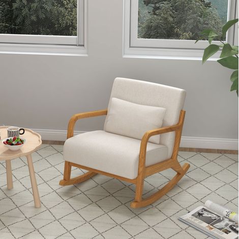 Fauteuil à bascule rembourré en tissu crème avec accoudoirs, dossier lombaire amovible, structure bois et charge 120 kg pour salon chambre – CHICFURN (1/5)