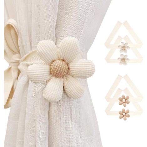 4 attaches rideaux boho fleuries avec motifs soleil - Lot de 4 (2 crème & 2 kaki) - Accessoire décoration élégant pour chambre bohème - Fixation store (1/5)
