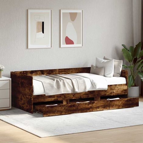 Lit de jour avec 3 tiroirs à roulettes en bois d’ingénierie chêne fumé 100 x 200 cm sans matelas - PANGIVO (1/5)