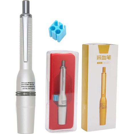Stylo de prélèvement sanguin en alliage d'aluminium pour surveillance glycémique, design ergonomique et finition argentée. (1/5)