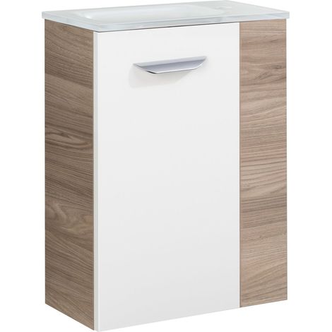 Fackelmann LUXOR SBC Gäste-WC Set 2 Teile – Waschtischunterschrank in Weiß mit Holz Braun mit Waschbecken aus Glas in Weiß  – Waschbeckenunterschrank schmal – Türanschlag links – 45 cm breit"-"9007714 (1/5)