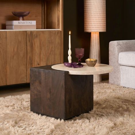 Table d'appoint design travertin et bois de manguier 60 cm DUOMO (1/5)