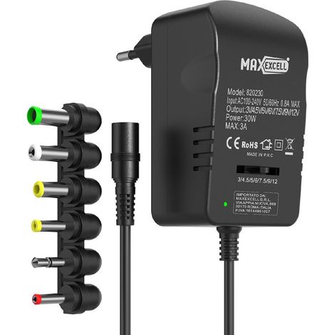 Adattatore di Alimentazione DC Universale - Output Regolabile da 3V a 12V, 30W, MAX 3A - Input AC 100V-240V con 6 Adattatori Inclusi