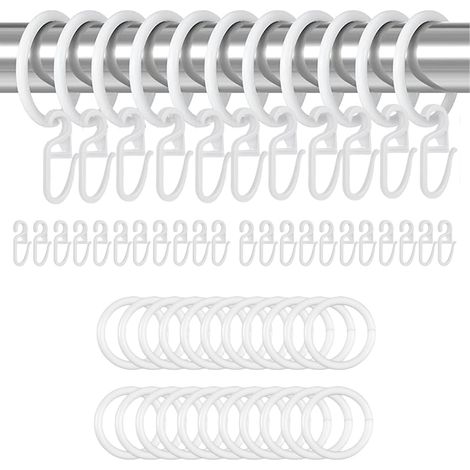 Lot de 200 anneaux de rideau blancs - 100 anneaux de suspension et 100 crochets en plastique - Avec crochets - Diamètre intérieur : 30 mm - Pour porte, rideau de douche, tringle à rideau (1/5)