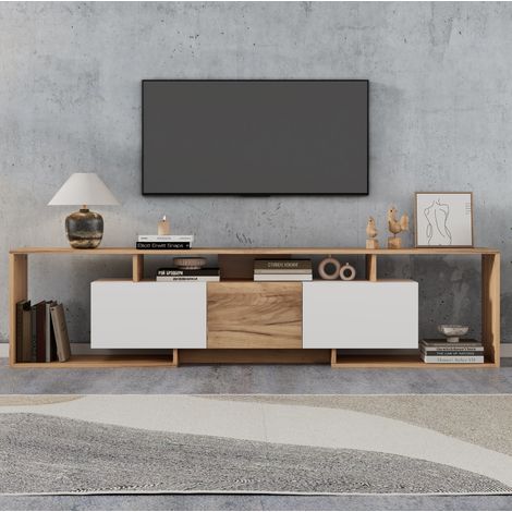 Mueble TV blanco y madera natural 180 cm, 3 puertas y 3 nichos de almacenaje, estilo nórdico (1/5)