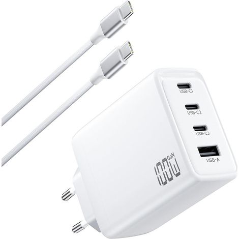 100W USB-C 4-Port GaN Fast Charger for Laptop with 2M USB-C Cable, Type-C Plug Adapter for MacBook Air/Pro, Galaxy S25/S24, iPhone 17/16/15