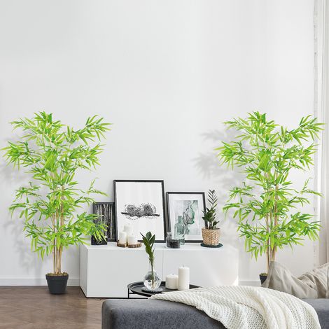 Set di 2 piante di bambù artificiali, alte 1,5 m, con 644 foglie realistiche e dense, vaso incluso, colore nero con licheni verdi. (1/5)