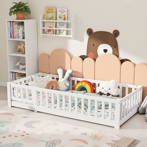 Kinderbett 80x160 cm, Bodenbett mit Rausfallschutz und Tür, Montessori Bett aus Massivem Kiefernholz, Modern Schlicht, Holz Weiß (Ohne Matratze) (1/5)