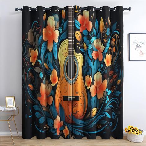 Rideau Occultant Guitare - Décoration Guitare, Rideau Thermique Motif Fleurs Musique, Lot de 2 Rideaux Opaque à Oeillets pour Fenetre Chambre Salon Chambre Enfant, 140x160 cm (LxH) Q409 - 2x L 140 X H (1/5)
