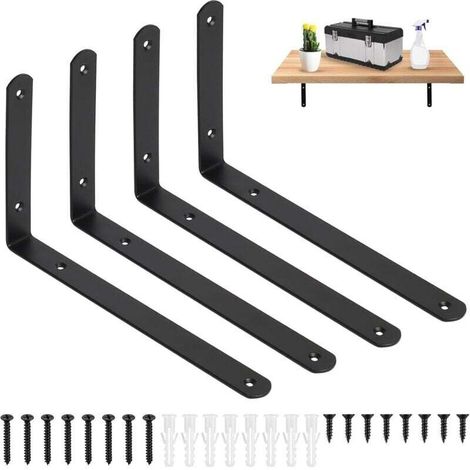 Set mit 4 schwarzen Wandregalträgern – Wandmontage, 90°-L-förmige Regalträger, stabile Wandregalhalterungen, schwebende Regalträger, 25 x 14,6 x 2,4 cm