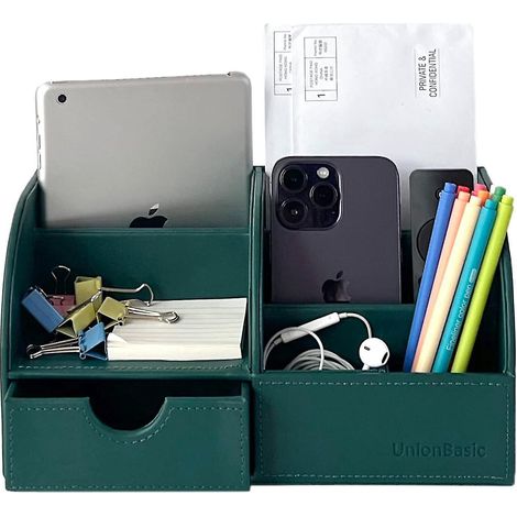 Unionbasic Schreibtisch-Organizer, multifunktionaler Schreibtisch-Organizer aus Leder, Stiftehalter – Halter für Karten/Stifte/Buntstifte/Handy/Schreibwaren, StoraVintage Grün (1/5)