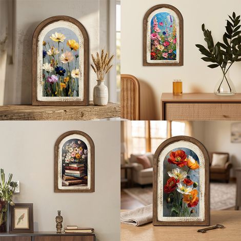 Quatre cadres photo décoratifs arqués de style vintage, peints de fleurs et de plantes – parfaits pour décorer les salons et les chambres. (1/5)