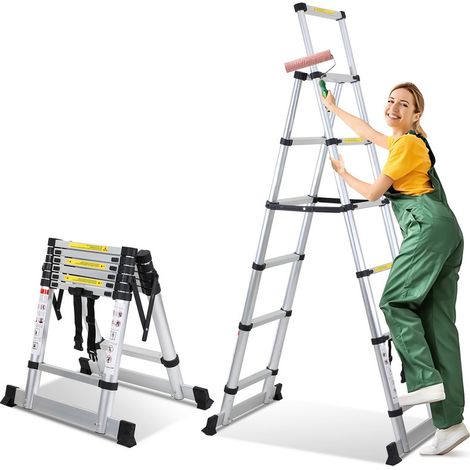 SWANEW Echelle Télescopique 1.7m+2.0m jusqu'à 150 kg Escabeau stable en aluminium Avec fléau de balance charge max. 150 kg (1/5)