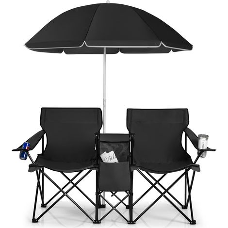 COSTWAY Campingstuhl mit Sonnenschirm, faltbar, mit Getränkehalter Kühltasche , Klappstuhl für Paare, Doppel Angelstuhl schwarz