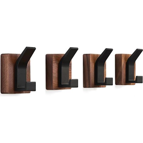 Filiyano-Lot de 4 crochets muraux robustes pour serviettes, porte-manteaux, porte-sacs, porte-clés, porte-chapeaux, crochets muraux en bois noir et (1/5)