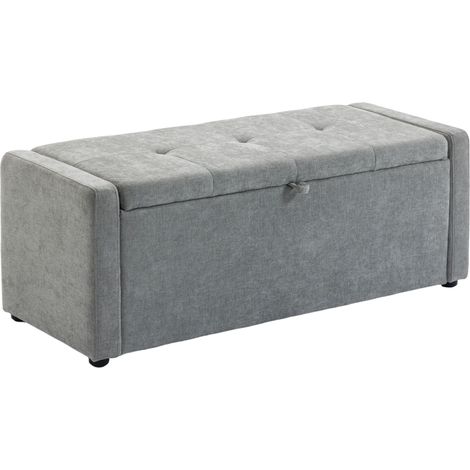 Hellgraue Bettbank mit Stauraum, gepolsterte Fußstütze mit Leinenbezug und breiter Sitzfläche, 122 x 48 x 44 cm, Aufbewahrungstruhe für Schlafzimmer, Wohnzimmer oder Eingangsbereich, praktisches und e