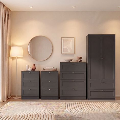 Altino 4 Piece Bedroom Set with 3 Drawer Bedside, Set of 2, 4 Drawer Chest, 2 Door 2 Drawer Wardrobe, Black (1/4)