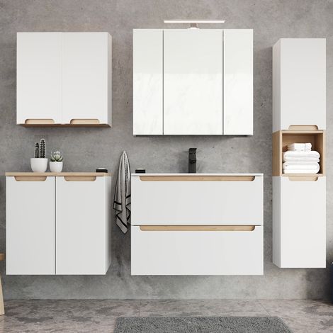 Badmöbel Komplett Set Hochglanz weiß mit Trüffel-Buche SOFIA-107 Keramikbecken & LED-Spiegelschrank, B/H/T ca. 210/200/46 cm (1/5)