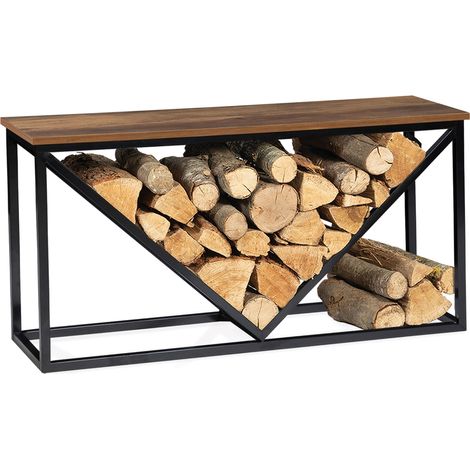 Horizontaler Kaminholzständer HAWKINS Stahl schwarz Holzplatte dunkel (1/5)