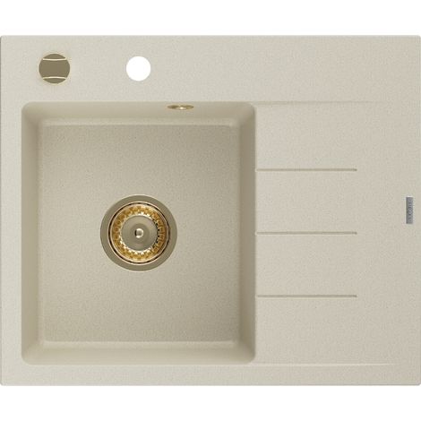 Mexen Ben évier en granit 1 bac avec égouttoir gauche 600 x 500 mm, beige, siphon doré - 6522605000-69-G (1/5)