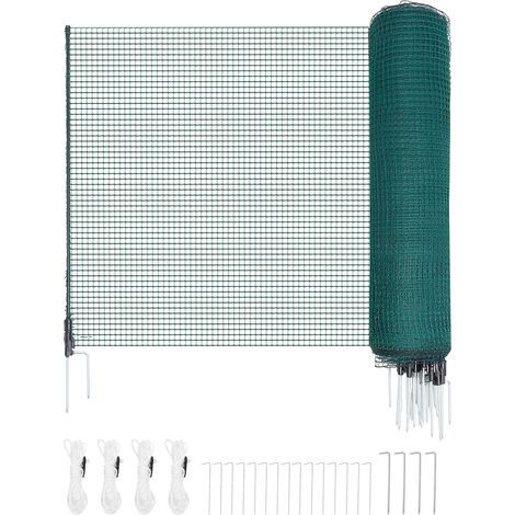 Clôture provisoire en plastique 0,9 x 25 m avec piquets doubles pointes et cordes, filet de protection pour jardin, animaux, poules et plantes, usage extérieur (1/5)