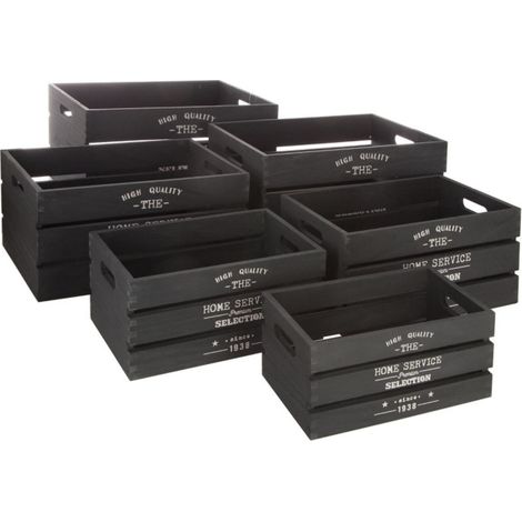 Atmosphera – Lot de 6 caisses en bois Paulownia 40cm – Poids 3,4 kg – Couleur charbon – Pour rangement et stockage