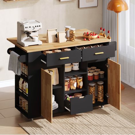 Isla de cocina 120x71x90 cm de MDF negro y natural, extensible, FloraGrace (1/5)