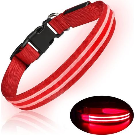 Rechargeable LED Dog Collar, Waterproof Light-Up Flashing Dog Collar, Adjustable Dog Collar for Small, Medium, and Large Dogs - Red - S (1/4)