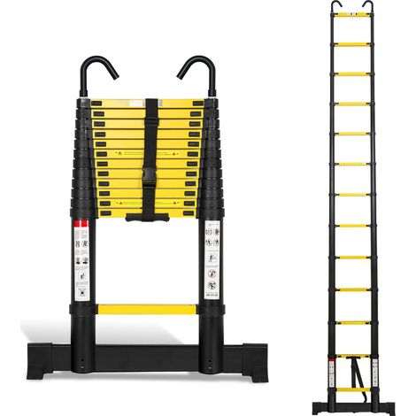 Wolketon Aluminium Teleskopleiter 3,8M schwarz, Leiter Ausziehbar mit Stabilisator und Abnehmbaren Haken, Klappleiter, Mehrzweckleiter, Stehleiter, Haushaltsleiter, Außenleiter, 150 kg Belastbarkeit