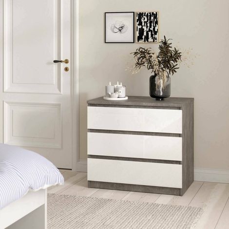 Dmora - Cajonera Aglae, Cómoda multiusos, Cómoda de dormitorio, Gabinete con cajones, 77x50 h70 cm, Cemento y Blanco brillante (1/5)