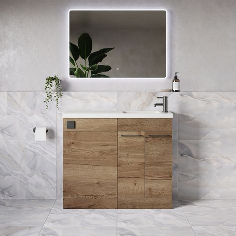 Napoli 250 Tobacco Oak 1000mm 2 Door Vanity Unit Toilet Suite with Round Silvo Basin - 1000mm - Gunmetal Grey 160mm HandleWithout Jubilee Toilet Pan