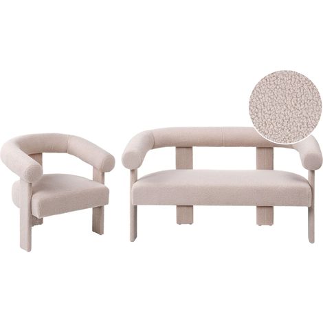 Sofa Set Light Beige Boucle Fully Upholstered 2 Seater Armchair Retro Design Living Room ILBRO