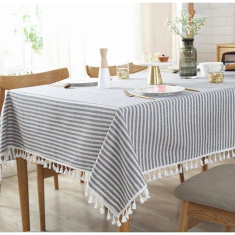 Mantel de lino y algodón a rayas con borlas,Cubremesas antipolvo,Ideal como decoración de mesa en la cocina y el comedor (130 x 180 cm) (1/5)