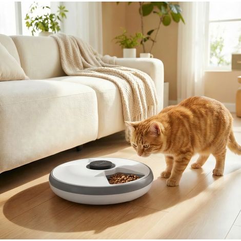 Distributore automatico di cibo per gatti senza fili, 6 pasti, LED, grigio HAVRYA (1/3)