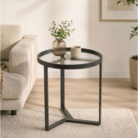 Mesa auxiliar redonda con tablero de vidrio templado, 45 x 50 cm, metal, negro HAVRYA (1/5)