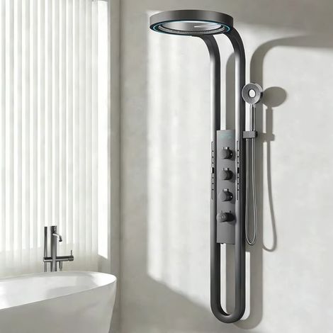 Système de panneau de douche LED, ensemble de douche thermostatique avec pommeau pluie et douchette à main (gris)