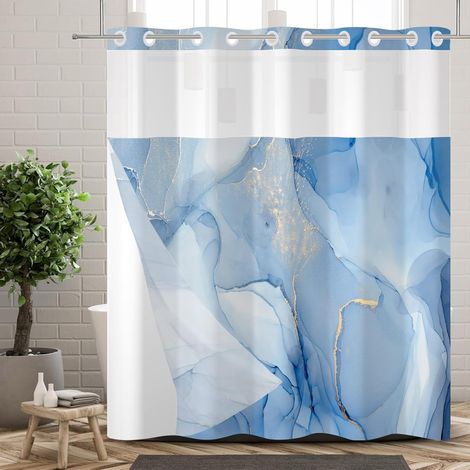 Rideau de Douche Bleu sans Crochets avec Doublure à Pression, Motif marbre Bleu Encre, Double Couche décorative pour Salle de Bain, Partie supérieure Transparente 183x183cm (1/5)