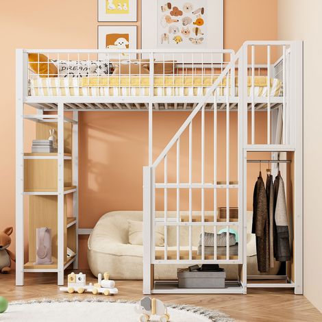 Hochbett 90x200 cm mit Treppe und integriertem Stauraum, multifunktionales Metallbett für Erwachsene und Kinder, platzsparendes Design, Weiß (1/5)