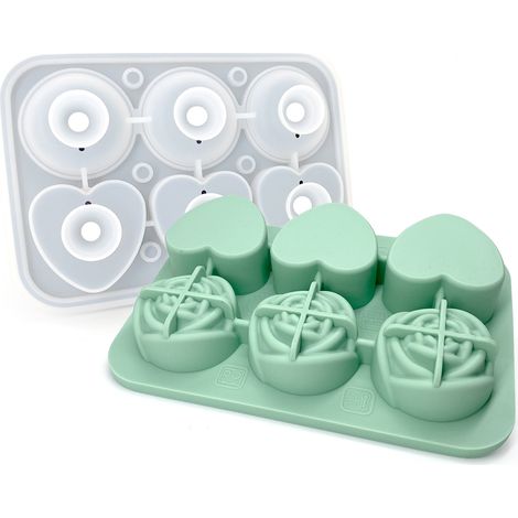bandejas de silicona para cubitos de hielo, 3 rosas y 3 corazones, con tapas de embudo transparentes, para whisky, cócteles y fiestas. (1/5)