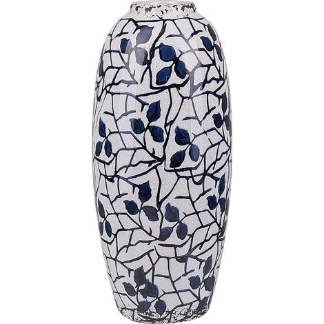 Florero blanco y azul gres accesorio para hogar patrón floral impermeable Mutilene