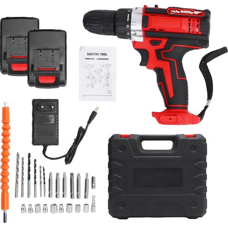 Cordless Drill 21V Impact Driver Kit 3in1 Power Tools 35N.m Max. Torque 1280RPM Stepless Speed Control Support 桅10mm Drilling with 2 Batteries LED Work Light Handheld Electric Screwdriver 100-240V EU 