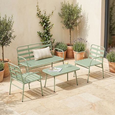 Ensemble de jardin 4 pièces. Canapé d'extérieur en métal à lattes. Vert. (1/5)