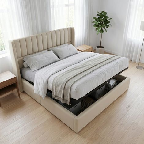 Letto contenitore 160x200, letto matrimoniale capitonné con testiera dal design cannelé, letto per adulti con apertura idraulica, lino, rete Inclusa, stile moderno scandinavo(160x200cm, Beige)