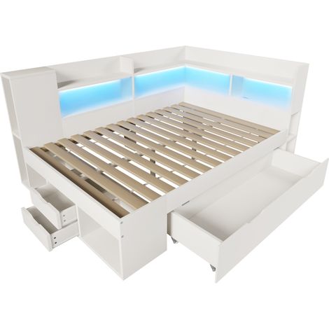 Cama tipo diván 140x200 cm blanca con LED, USB-C, almacenamiento y colchón MODENUIT (1/5)